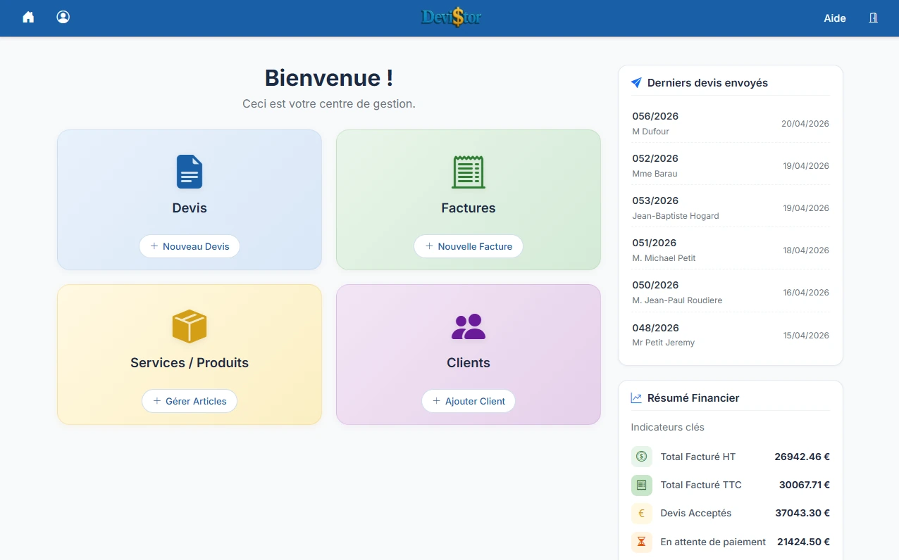 Tableau de bord DeviStor, gestion des factures électroniques Factur-X et devis BTP