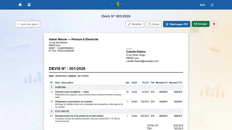 Vrai aperçu d'un devis dans DeviStor, avec des données de démonstration